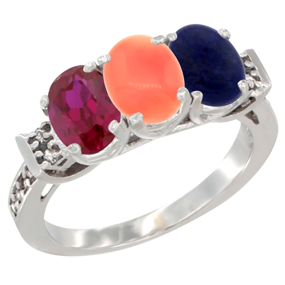 10K White Gold Enhanced Ruby, Natural Coral & Lapis Ring 3-Stone Oval 7x5 mm Diamond Accent, sizes 5 - 10