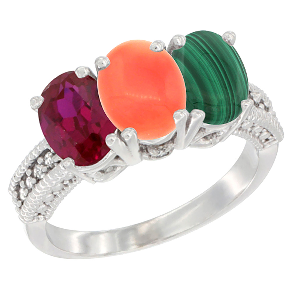14K White Gold Enhanced Ruby, Natural Coral & Malachite Ring 3-Stone 7x5 mm Oval Diamond Accent, sizes 5 - 10