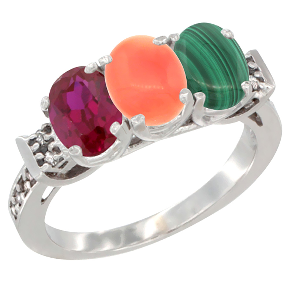 14K White Gold Enhanced Ruby, Natural Coral & Malachite Ring 3-Stone Oval 7x5 mm Diamond Accent, sizes 5 - 10