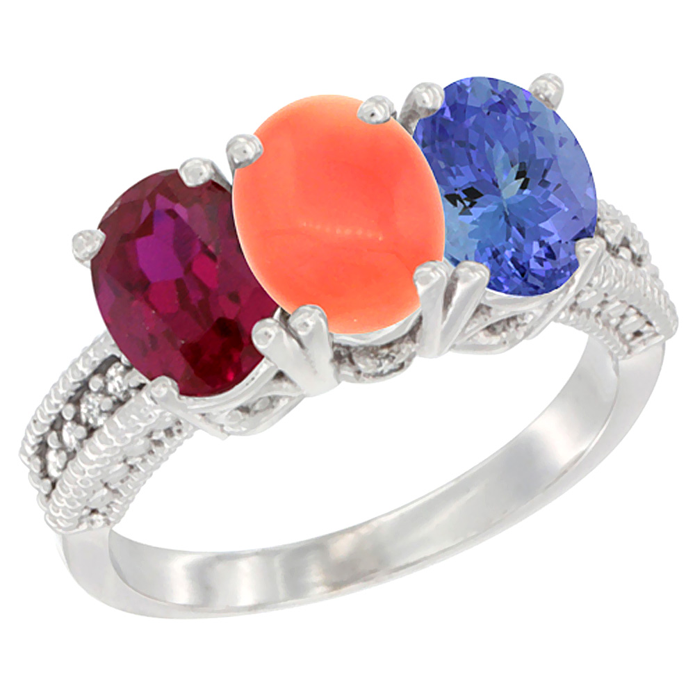 14K White Gold Enhanced Ruby, Natural Coral &amp; Tanzanite Ring 3-Stone 7x5 mm Oval Diamond Accent, sizes 5 - 10