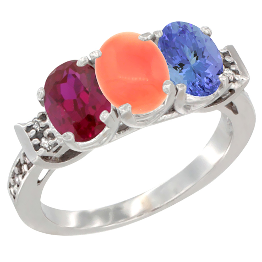 10K White Gold Enhanced Ruby, Natural Coral &amp; Tanzanite Ring 3-Stone Oval 7x5 mm Diamond Accent, sizes 5 - 10