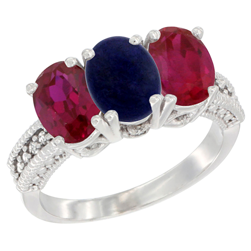 14K White Gold Natural Lapis & Enhanced Ruby Sides Ring 3-Stone 7x5 mm Oval Diamond Accent, sizes 5 - 10