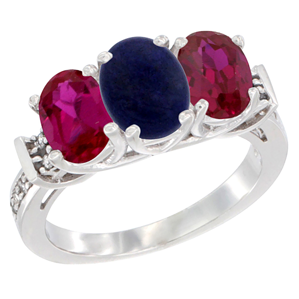 14K White Gold Natural Lapis & Enhanced Ruby Sides Ring 3-Stone Oval Diamond Accent, sizes 5 - 10