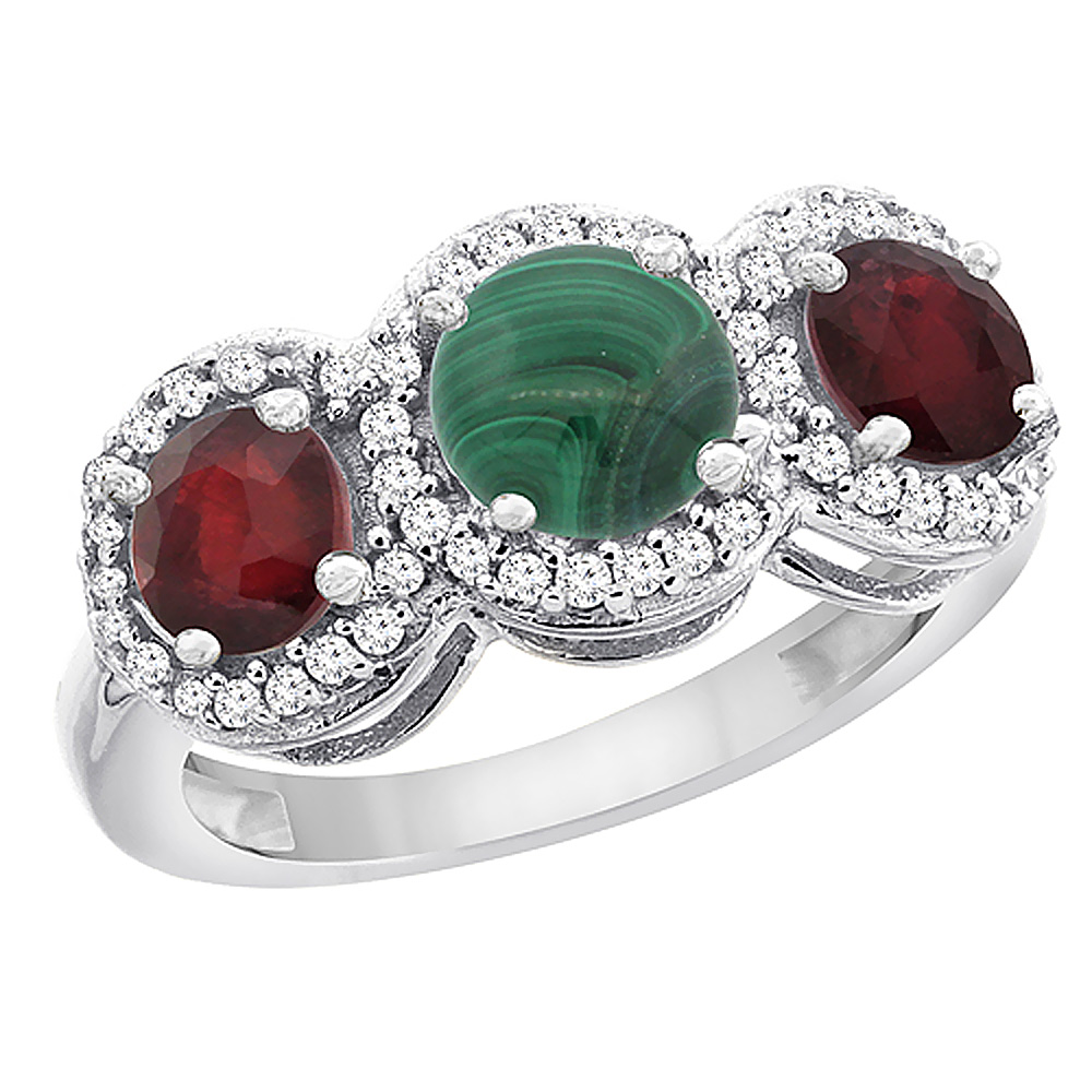 10K White Gold Natural Malachite & Enhanced Ruby Sides Round 3-stone Ring Diamond Accents, sizes 5 - 10