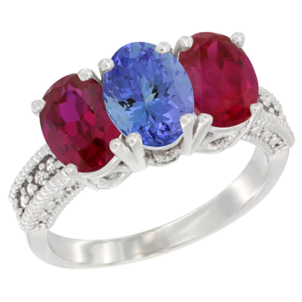 14K White Gold Natural Tanzanite &amp; Enhanced Ruby Sides Ring 3-Stone 7x5 mm Oval Diamond Accent, sizes 5 - 10