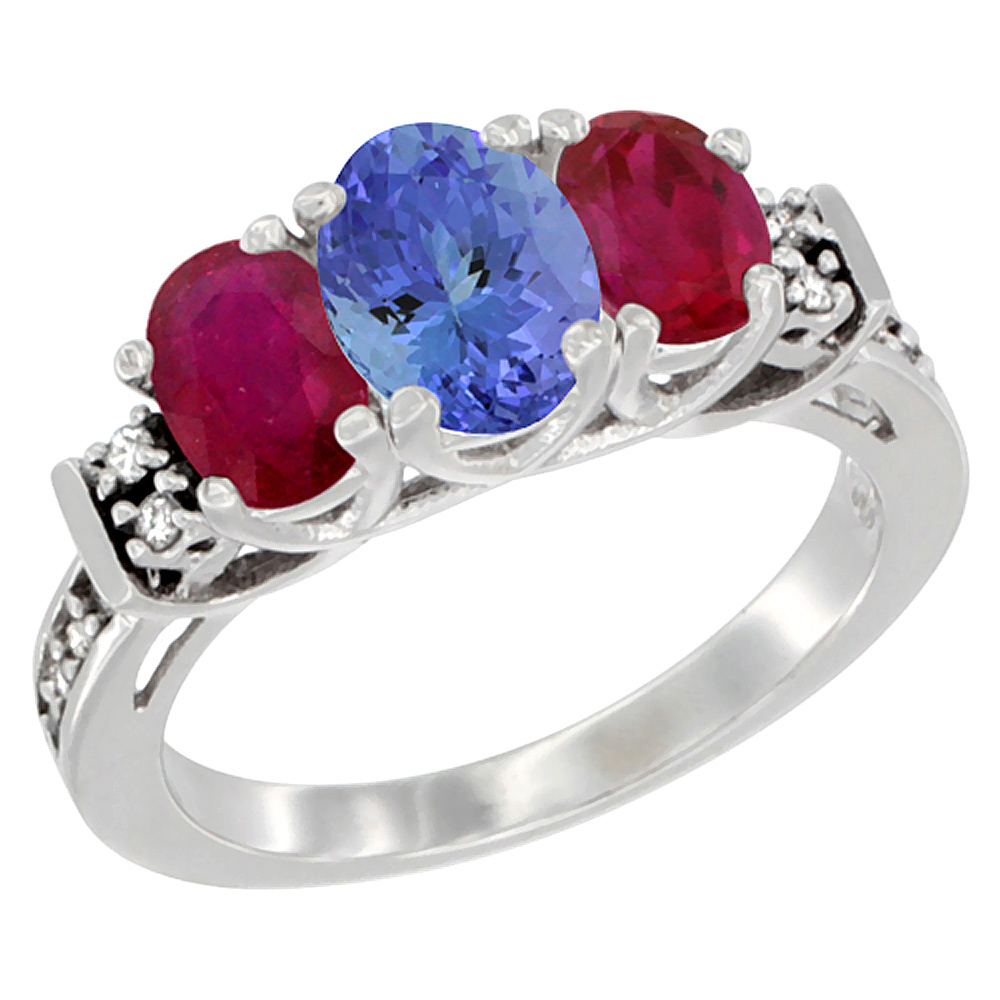 14K White Gold Natural Tanzanite &amp; Enhanced Ruby Ring 3-Stone Oval Diamond Accent, sizes 5-10