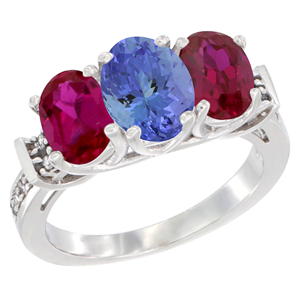 10K White Gold Natural Tanzanite &amp; Enhanced Ruby Sides Ring 3-Stone Oval Diamond Accent, sizes 5 - 10
