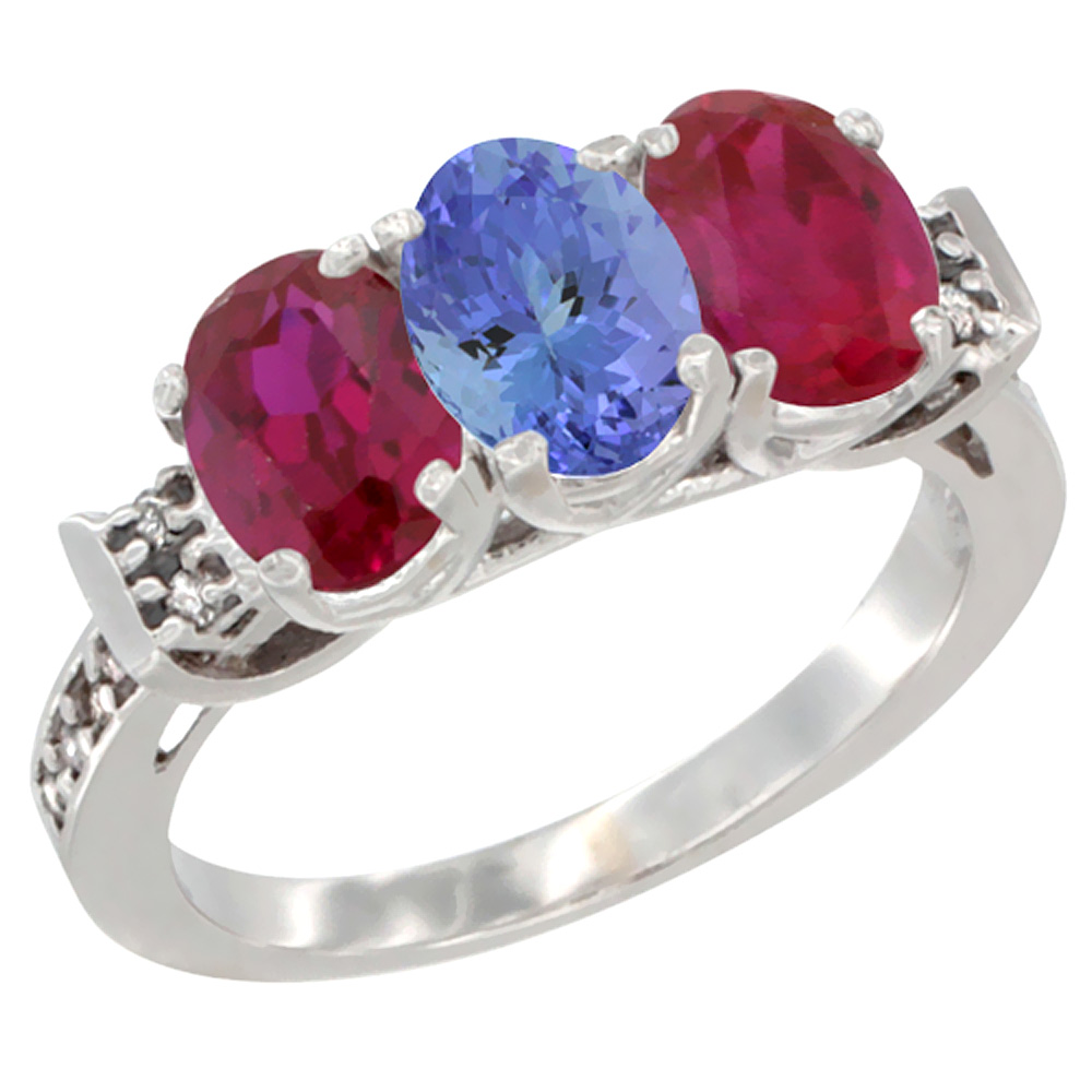 10K White Gold Natural Tanzanite &amp; Enhanced Ruby Sides Ring 3-Stone Oval 7x5 mm Diamond Accent, sizes 5 - 10