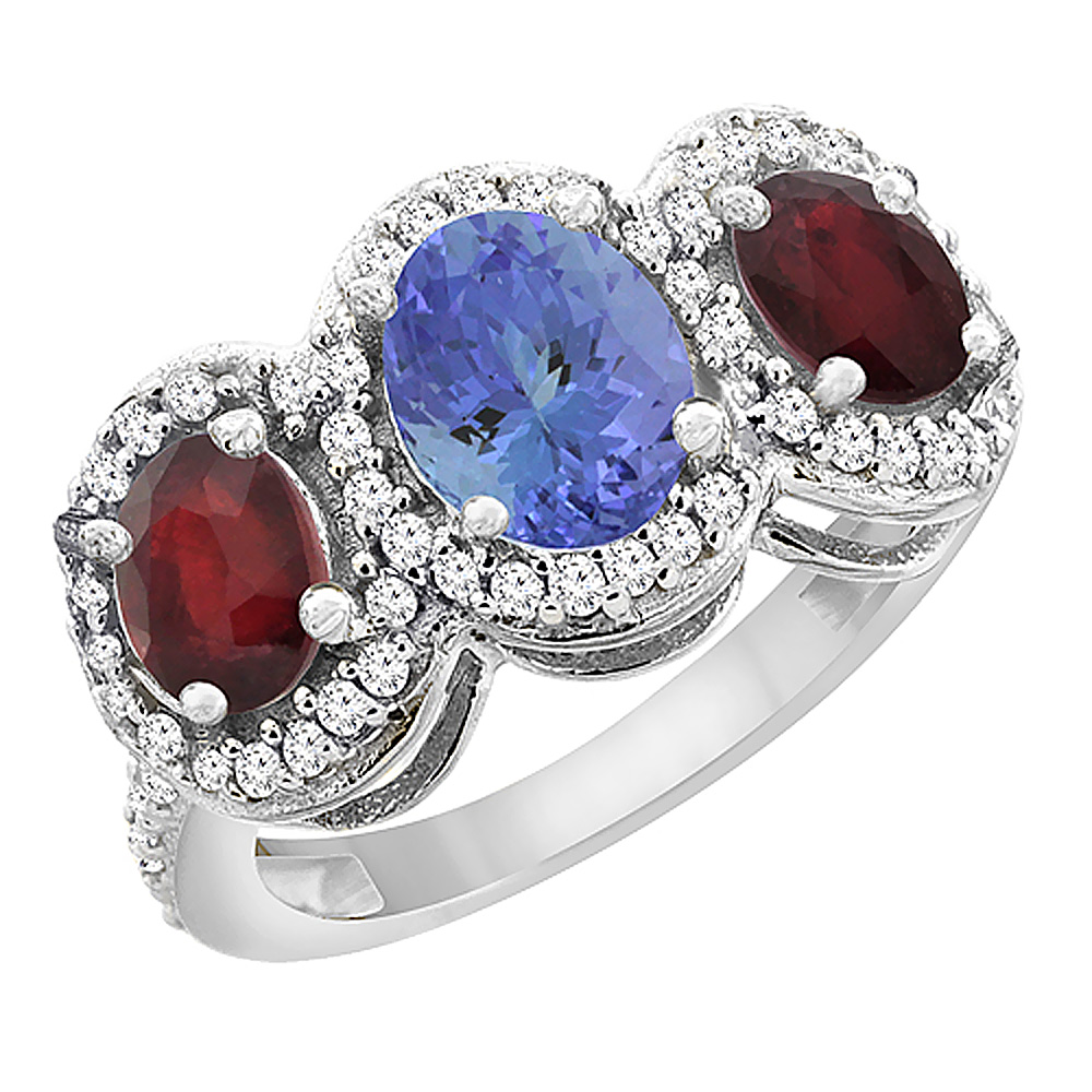 14K White Gold Natural Tanzanite & Enhanced Ruby 3-Stone Ring Oval Diamond Accent, sizes 5 - 10