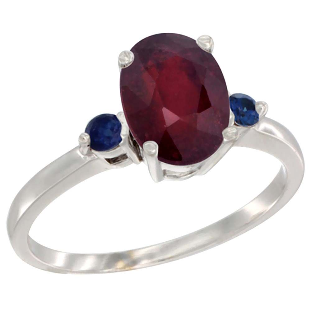 10K White Gold Diamond Natural Quality Ruby Engagement Ring Oval 9x7 mm Blue Sapphire Accent, size 5-10