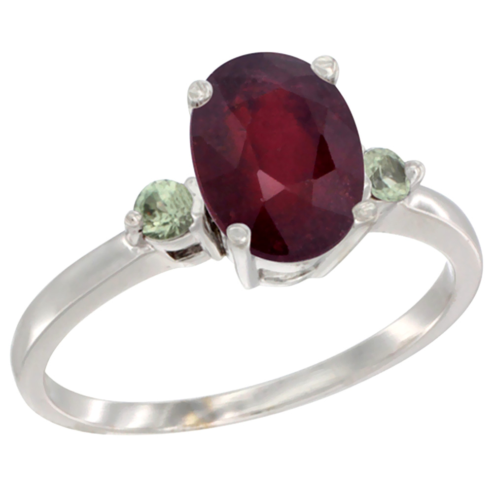 10K White Gold Diamond Natural Quality Ruby Engagement Ring Oval 9x7 mm Green Sapphire Accent, size 5-10