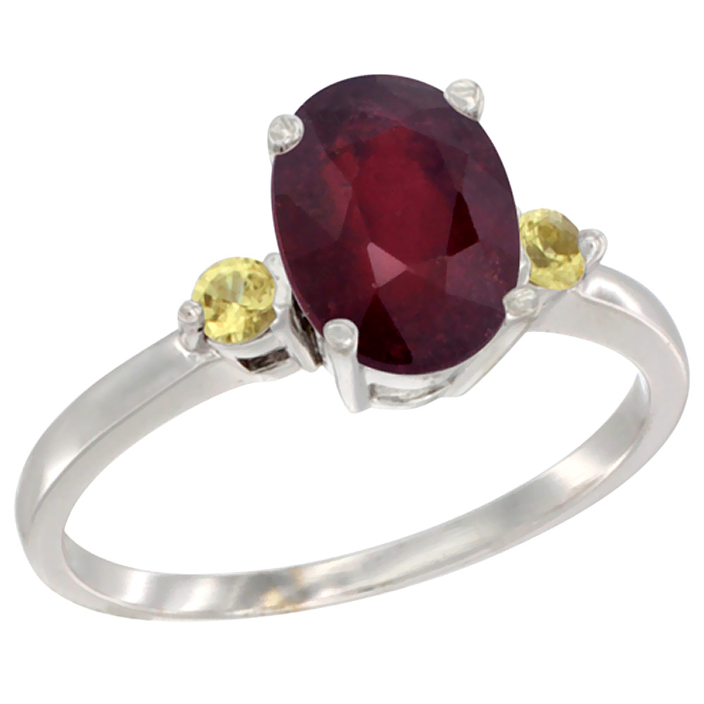 10K White Gold Diamond Natural Quality Ruby Engagement Ring Oval 9x7mm Yellow Sapphire Accent, size 5-10