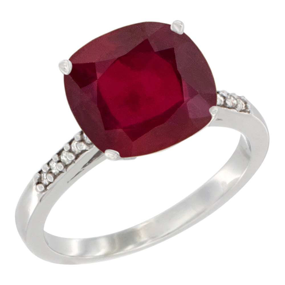 14K White Gold Diamond and Enhanced Genuine Ruby Ring Cushion-cut 9x9 mm, sizes 5 - 10