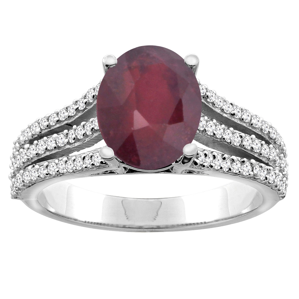 10K White/Yellow Gold Natural Enhanced Ruby Tri-split Ring Oval 9x7mm Diamond Accents, sizes 5 - 10