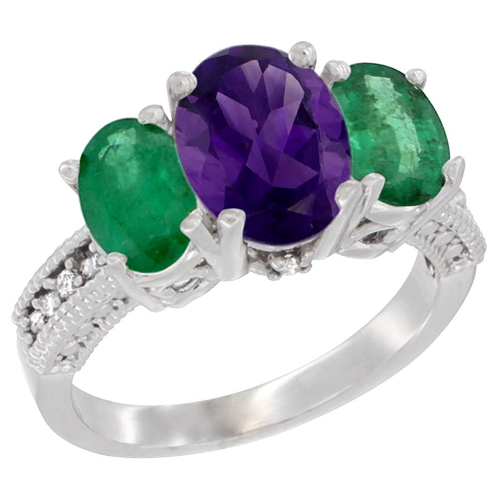 14K White Gold Diamond Natural Amethyst Ring 3-Stone Oval 8x6mm with Emerald, sizes5-10