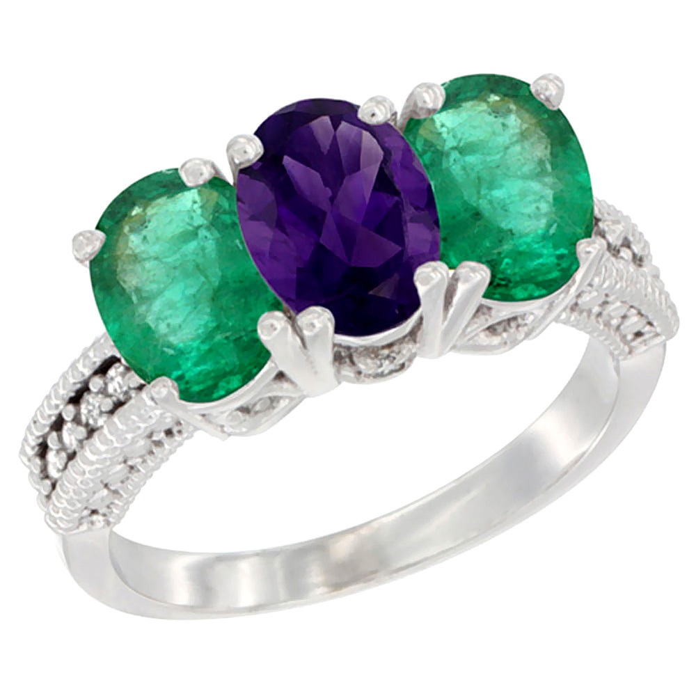 14K White Gold Natural Amethyst & Emerald Sides Ring 3-Stone 7x5 mm Oval Diamond Accent, sizes 5 - 10