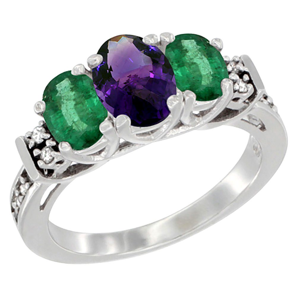 14K White Gold Natural Amethyst &amp; Emerald Ring 3-Stone Oval Diamond Accent, sizes 5-10