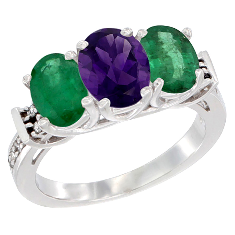 10K White Gold Natural Amethyst & Emerald Sides Ring 3-Stone Oval Diamond Accent, sizes 5 - 10