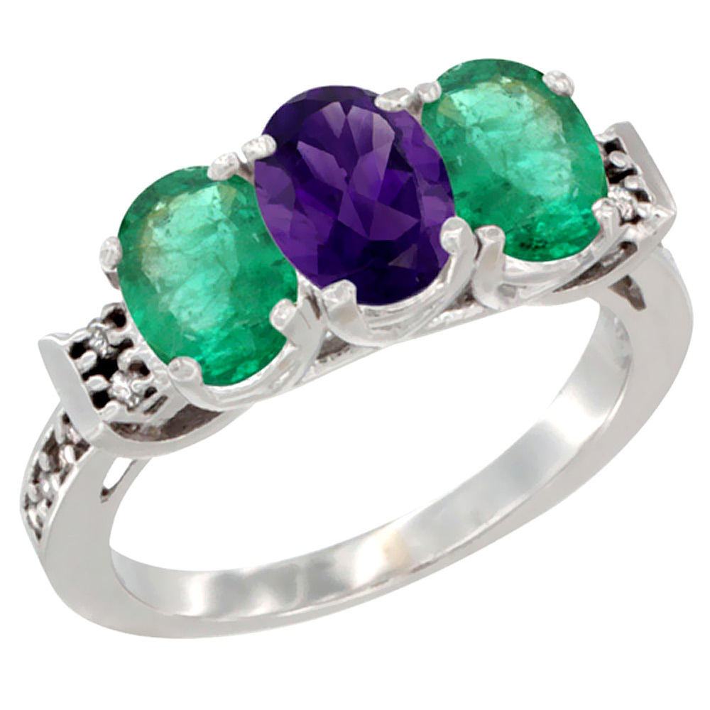 14K White Gold Natural Amethyst &amp; Emerald Sides Ring 3-Stone Oval 7x5 mm Diamond Accent, sizes 5 - 10