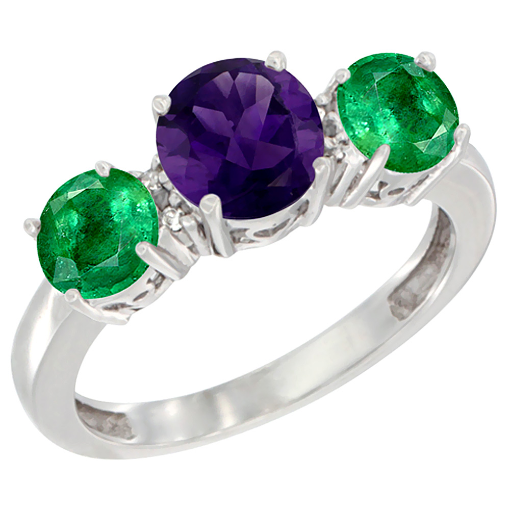 10K White Gold Round 3-Stone Natural Amethyst Ring & Emerald Sides Diamond Accent, sizes 5 - 10