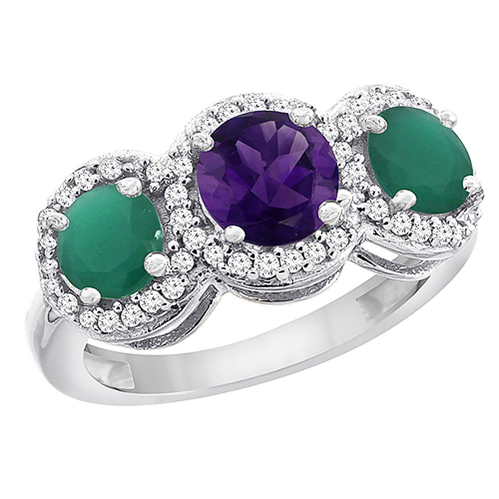 10K White Gold Natural Amethyst &amp; Emerald Sides Round 3-stone Ring Diamond Accents, sizes 5 - 10
