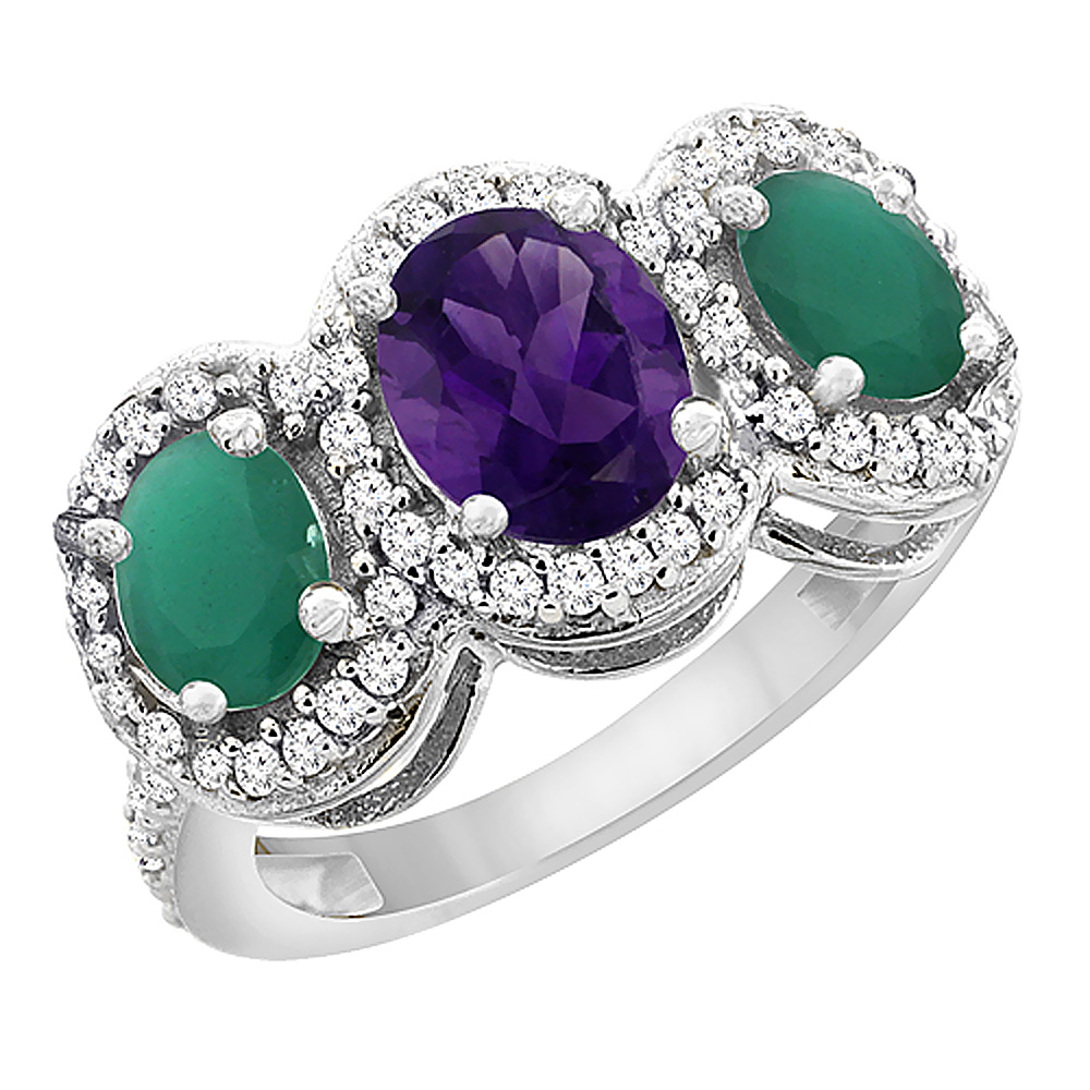 14K White Gold Natural Amethyst & Emerald 3-Stone Ring Oval Diamond Accent, sizes 5 - 10