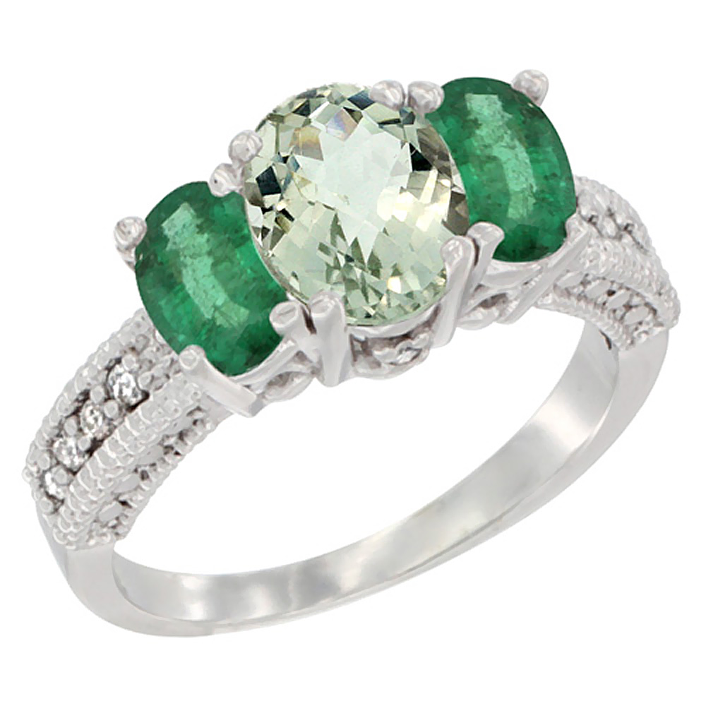 14K White Gold Diamond Natural Green Amethyst Ring Oval 3-stone with Emerald, sizes 5 - 10