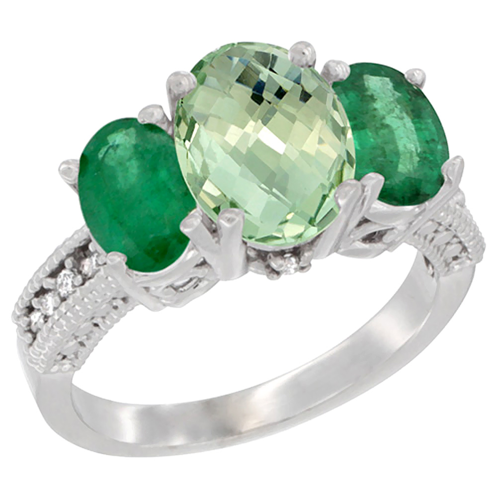 10K White Gold Diamond Natural Green Amethyst Ring 3-Stone Oval 8x6mm with Emerald, sizes5-10