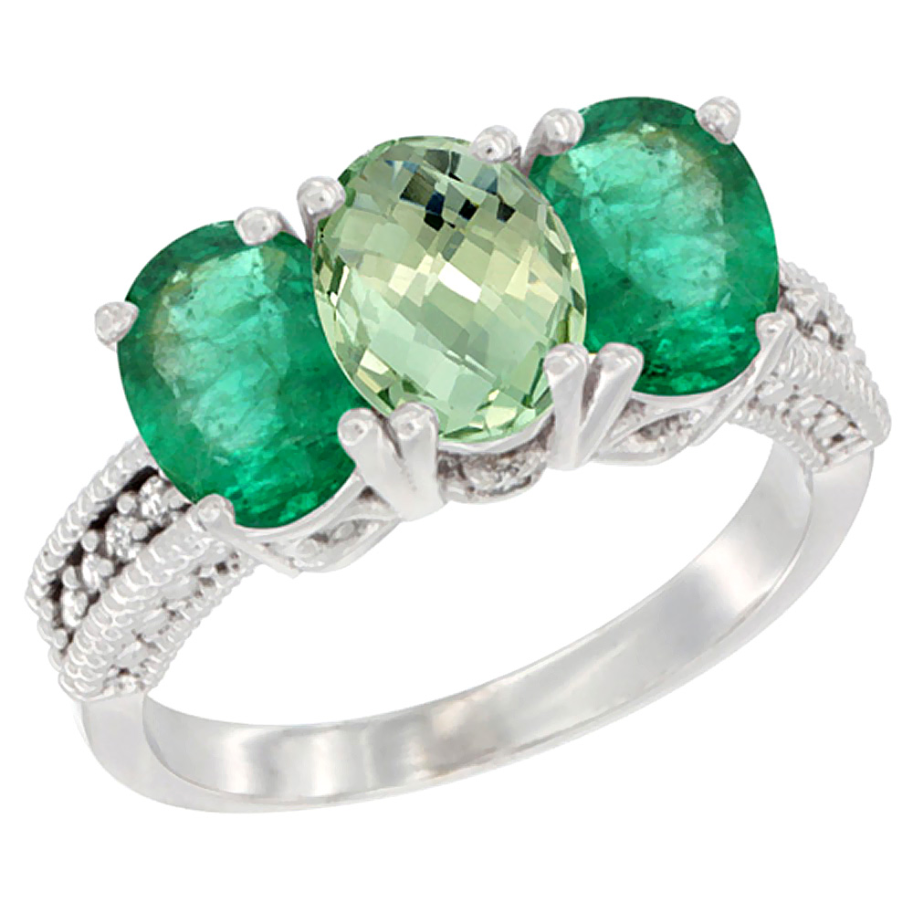 10K White Gold Diamond Natural Green Amethyst & Emerald Ring 3-Stone 7x5 mm Oval, sizes 5 - 10