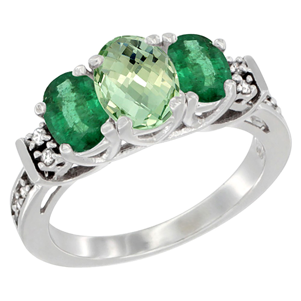 14K White Gold Natural Green Amethyst & Emerald Ring 3-Stone Oval Diamond Accent, sizes 5-10