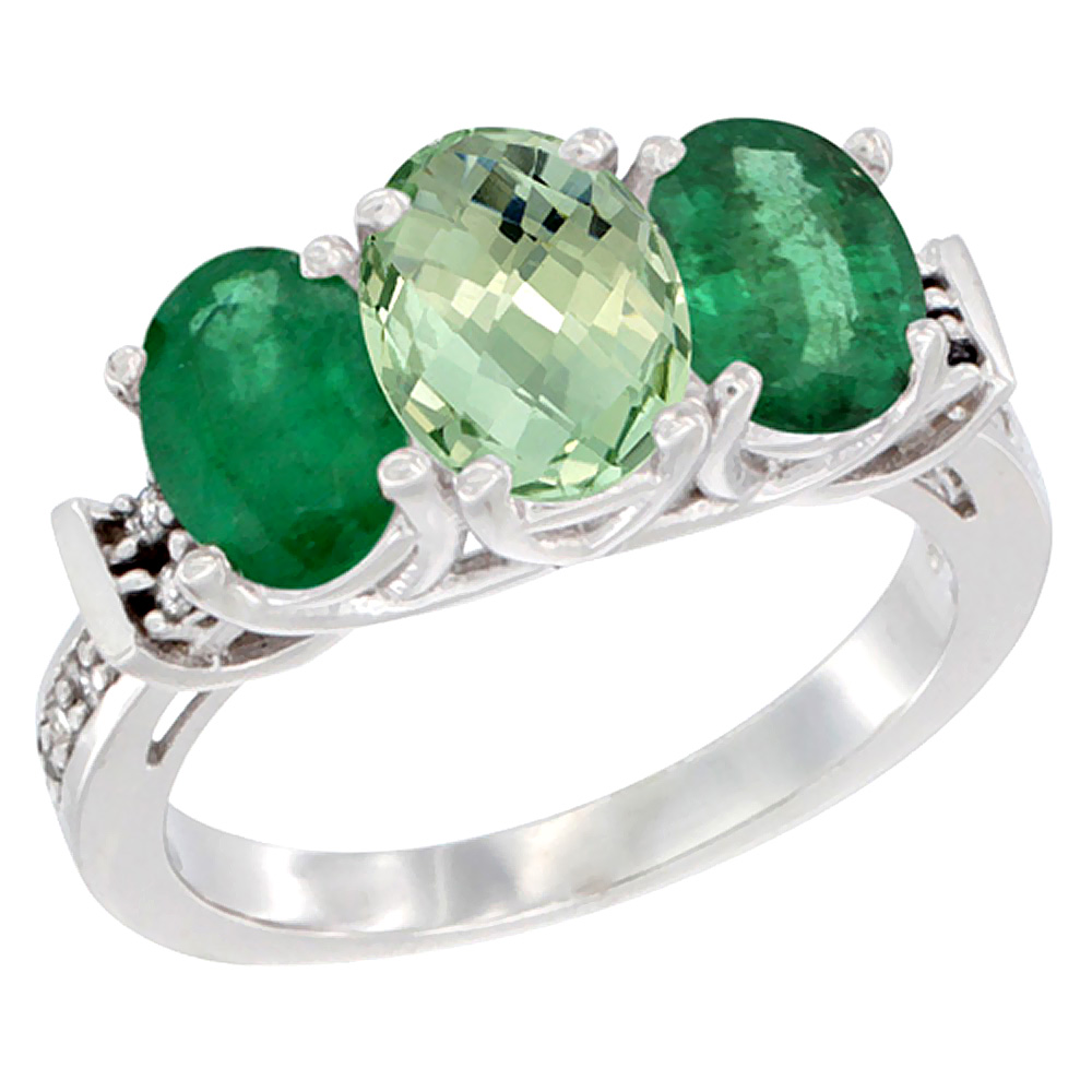 14K White Gold Natural Green Amethyst & Emerald Sides Ring 3-Stone Oval Diamond Accent, sizes 5 - 10