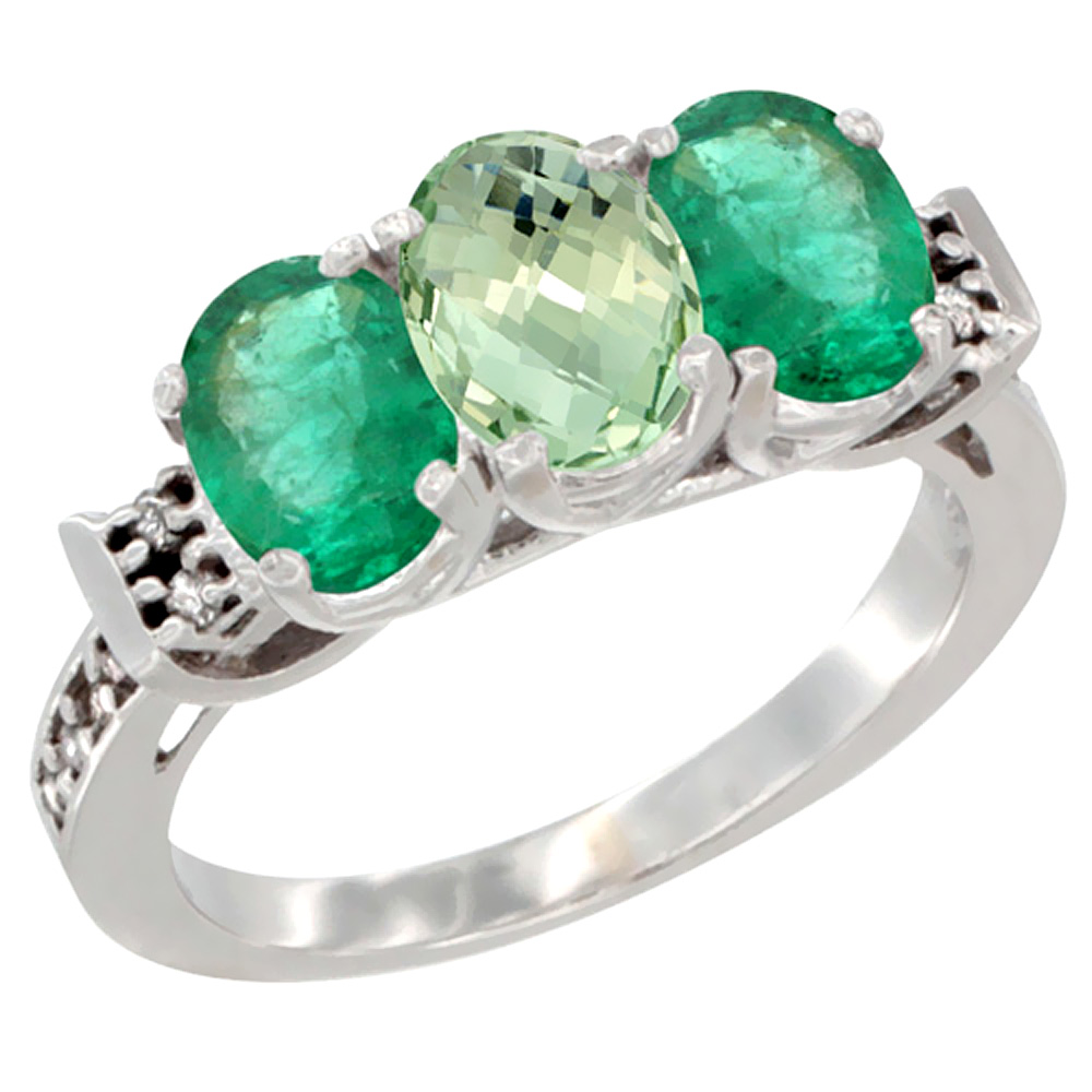 14K White Gold Natural Green Amethyst & Emerald Sides Ring 3-Stone Oval 7x5 mm Diamond Accent, sizes 5 - 10