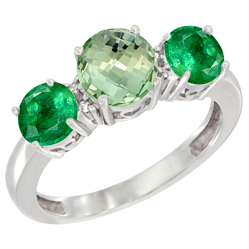 14K White Gold Round 3-Stone Natural Green Amethyst Ring & Emerald Sides Diamond Accent, sizes 5 - 10