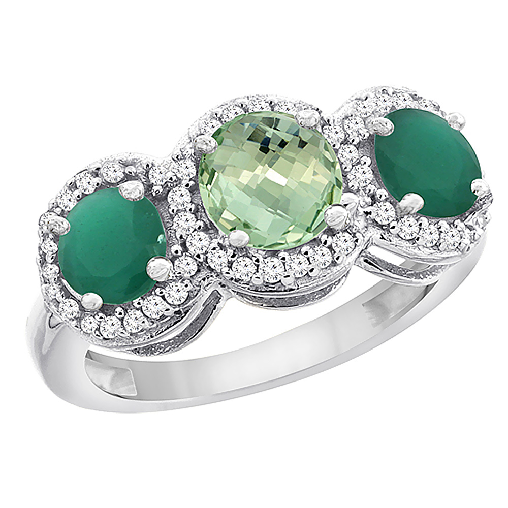 14K White Gold Natural Green Amethyst &amp; Emerald Sides Round 3-stone Ring Diamond Accents, sizes 5 - 10