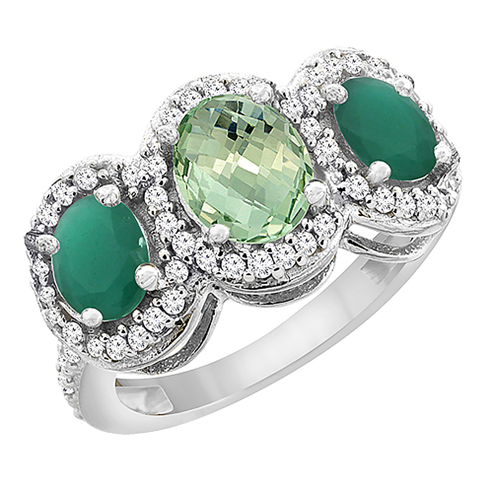14K White Gold Natural Green Amethyst & Cabochon Emerald 3-Stone Ring Oval Diamond Accent, sizes 5 - 10