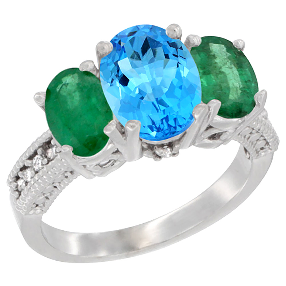 14K White Gold Diamond Natural Swiss Blue Topaz Ring 3-Stone Oval 8x6mm with Emerald, sizes5-10