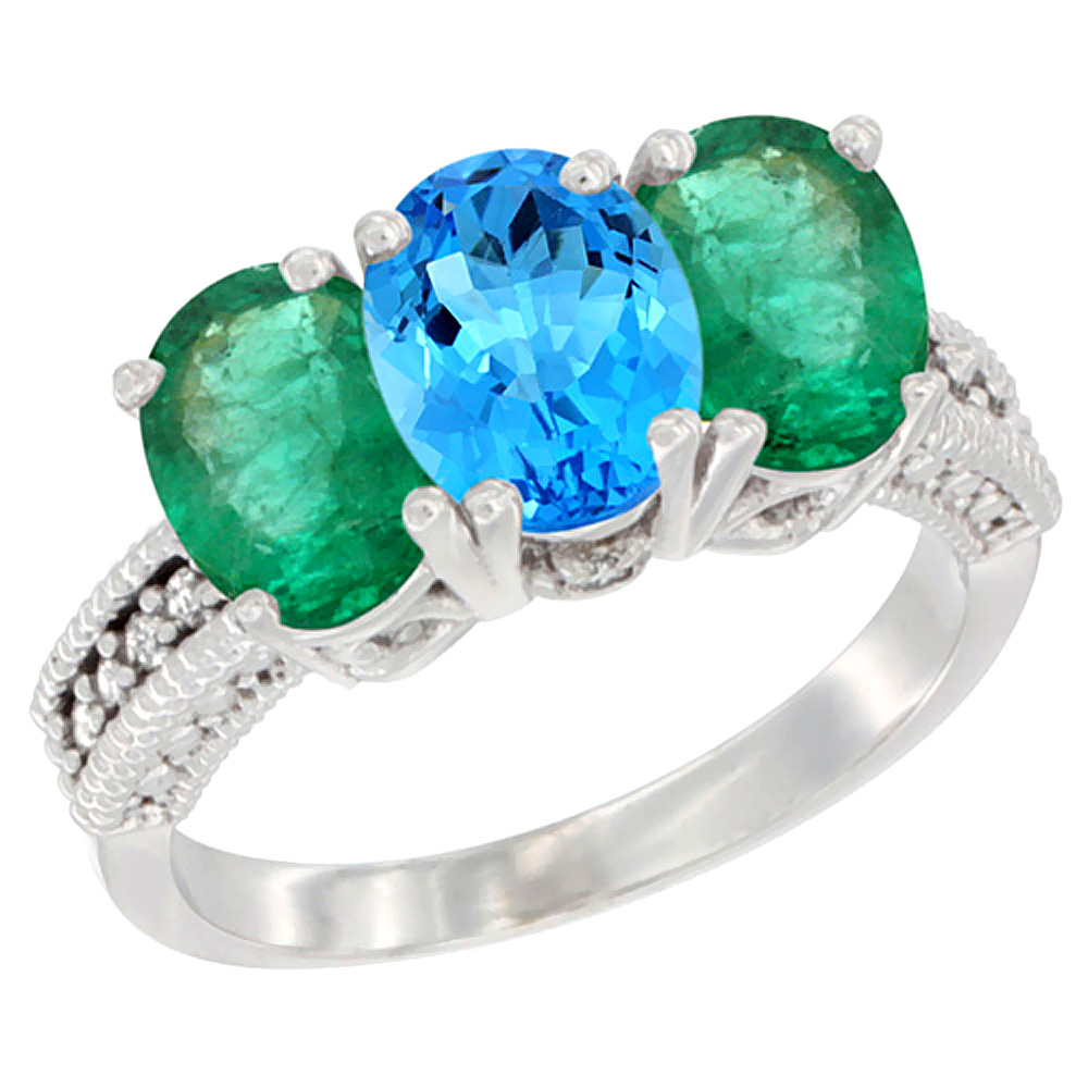 14K White Gold Natural Swiss Blue Topaz &amp; Emerald Sides Ring 3-Stone 7x5 mm Oval Diamond Accent, sizes 5 - 10