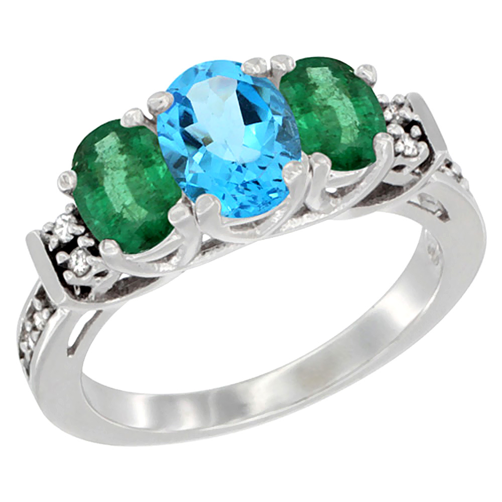 14K White Gold Natural Swiss Blue Topaz & Emerald Ring 3-Stone Oval Diamond Accent, sizes 5-10