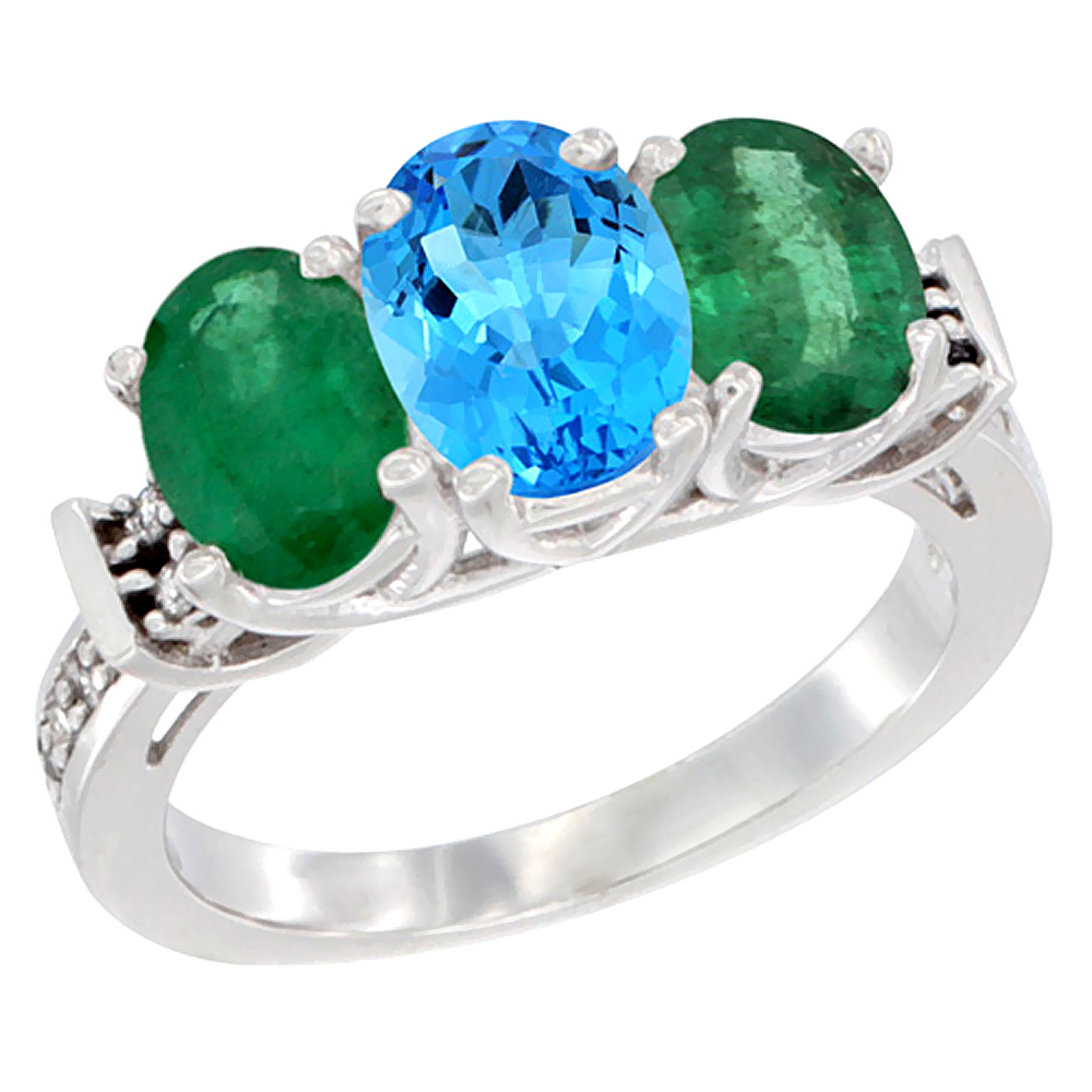 14K White Gold Natural Swiss Blue Topaz &amp; Emerald Sides Ring 3-Stone Oval Diamond Accent, sizes 5 - 10