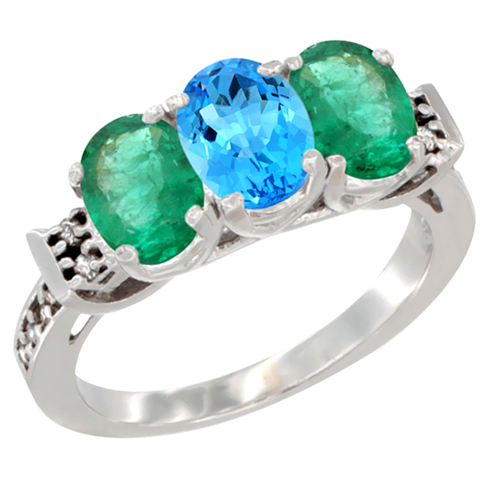 10K White Gold Natural Swiss Blue Topaz &amp; Emerald Sides Ring 3-Stone Oval 7x5 mm Diamond Accent, sizes 5 - 10