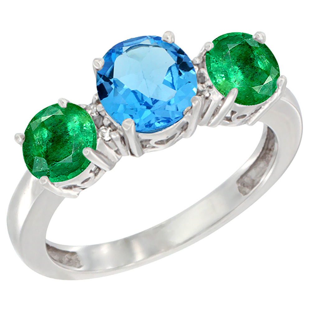 14K White Gold Round 3-Stone Natural Swiss Blue Topaz Ring & Emerald Sides Diamond Accent, sizes 5 - 10