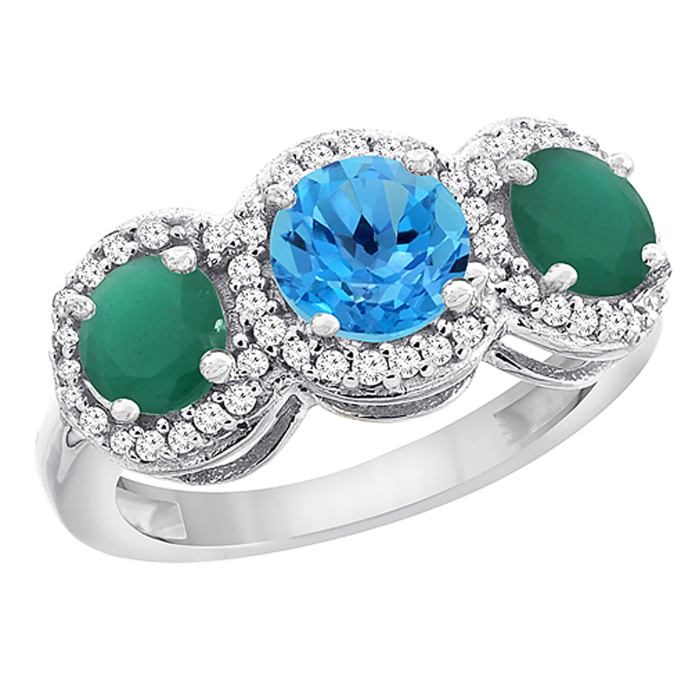 14K White Gold Natural Swiss Blue Topaz &amp; Emerald Sides Round 3-stone Ring Diamond Accents, sizes 5 - 10