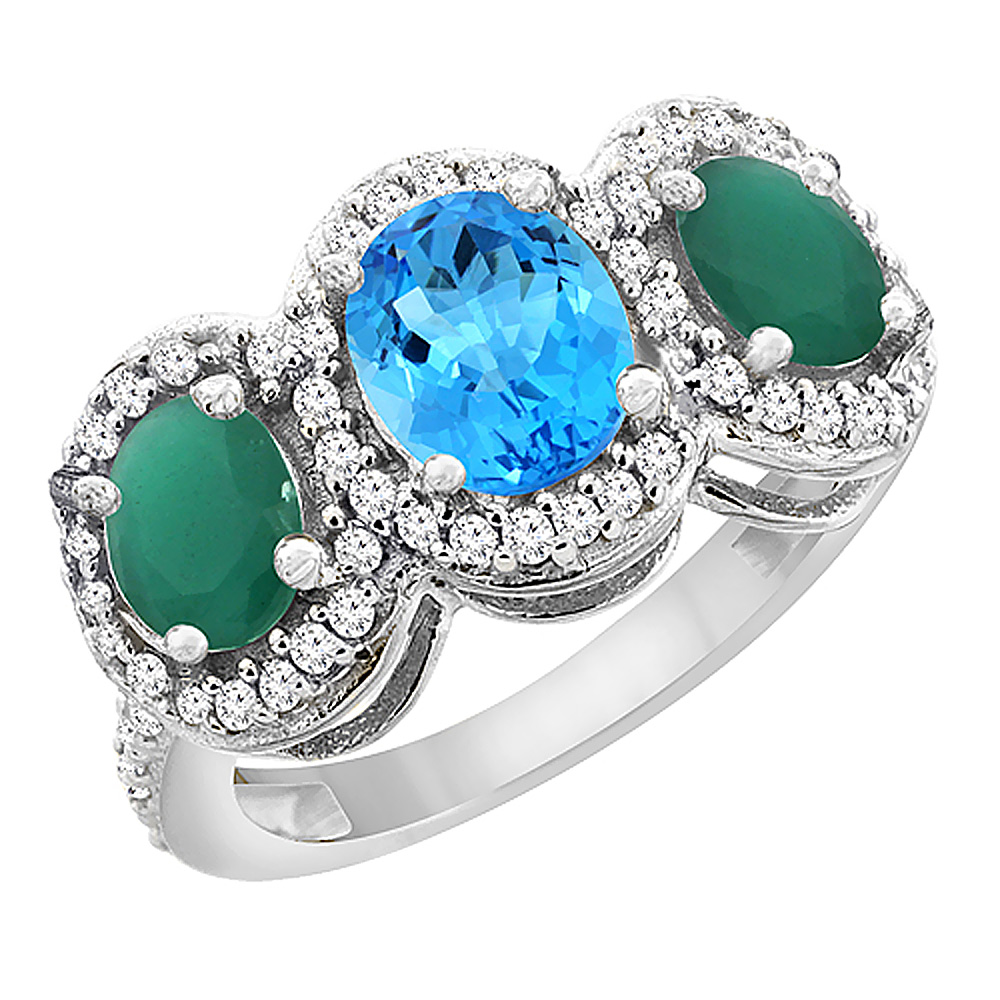 14K White Gold Natural Swiss Blue Topaz &amp; Emerald 3-Stone Ring Oval Diamond Accent, sizes 5 - 10