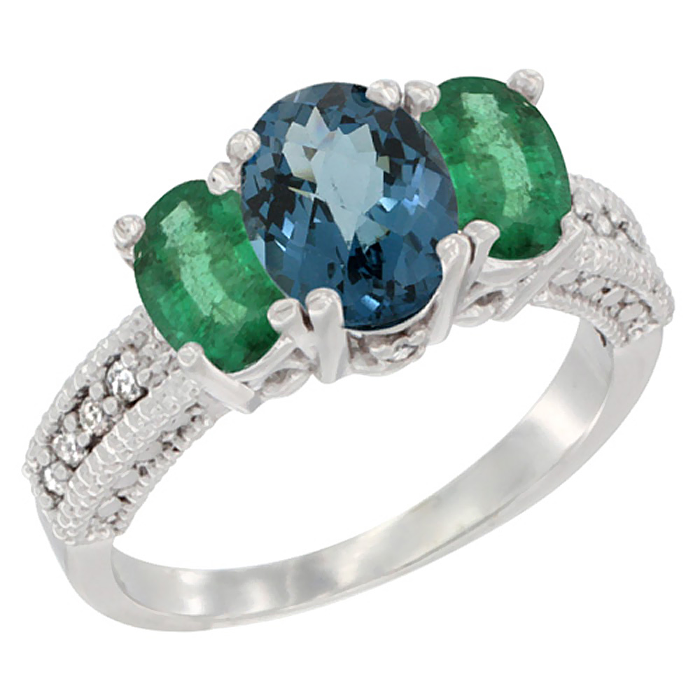 10K White Gold Diamond Natural London Blue Topaz Ring Oval 3-stone with Emerald, sizes 5 - 10
