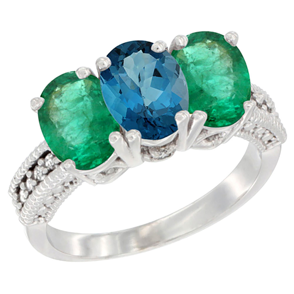 14K White Gold Natural London Blue Topaz &amp; Emerald Sides Ring 3-Stone 7x5 mm Oval Diamond Accent, sizes 5 - 10