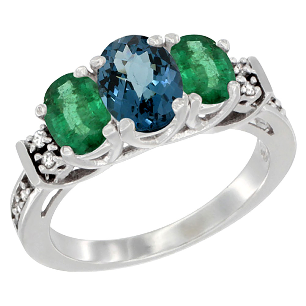 10K White Gold Natural London Blue Topaz & Emerald Ring 3-Stone Oval Diamond Accent, sizes 5-10