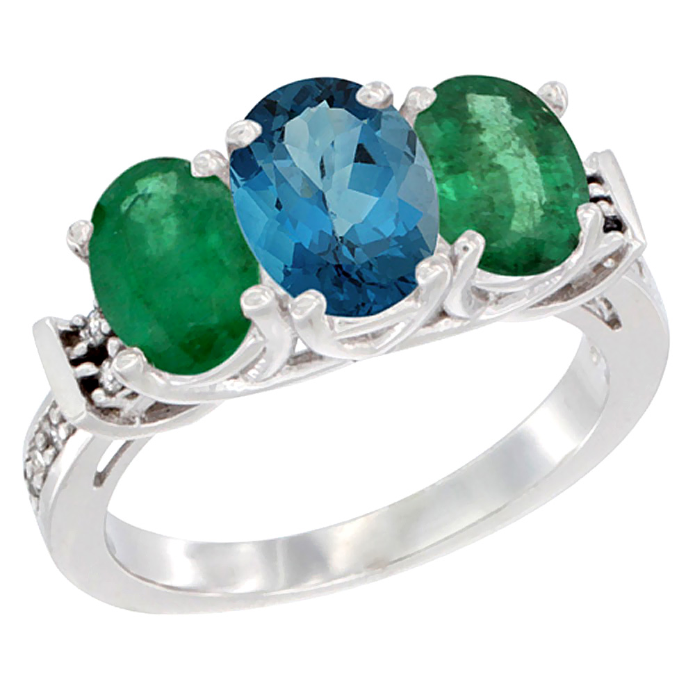 14K White Gold Natural London Blue Topaz &amp; Emerald Sides Ring 3-Stone Oval Diamond Accent, sizes 5 - 10