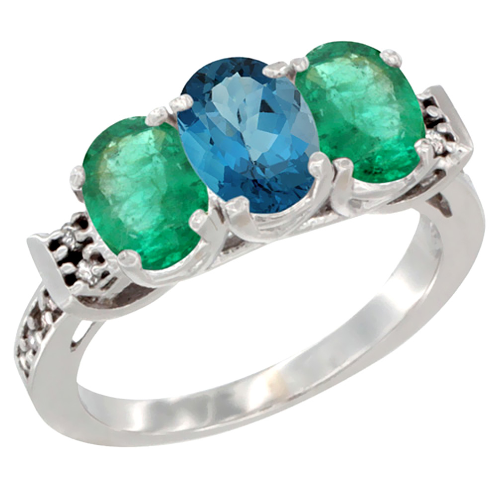 14K White Gold Natural London Blue Topaz &amp; Emerald Sides Ring 3-Stone Oval 7x5 mm Diamond Accent, sizes 5 - 10