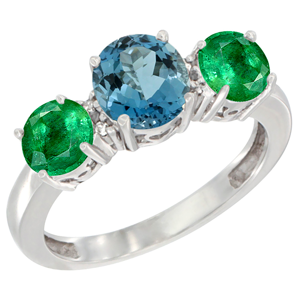 14K White Gold Round 3-Stone Natural London Blue Topaz Ring &amp; Emerald Sides Diamond Accent, sizes 5 - 10