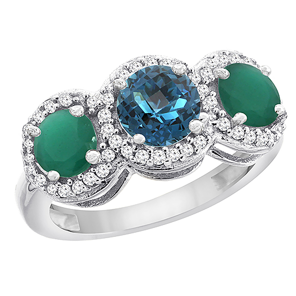 14K White Gold Natural London Blue Topaz &amp; Emerald Sides Round 3-stone Ring Diamond Accents, sizes 5 - 10